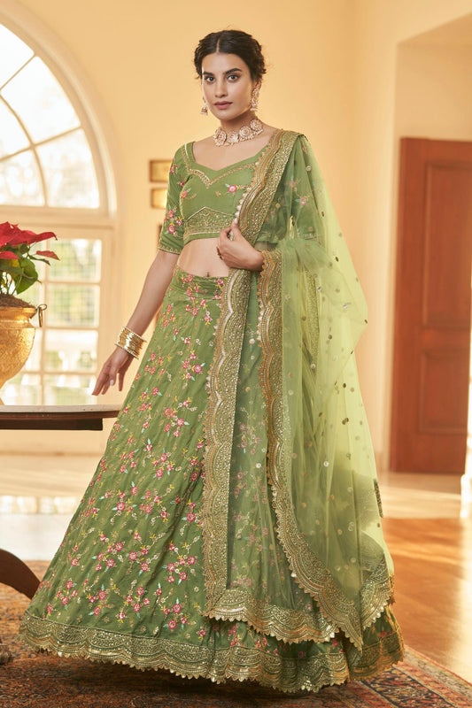 Chinnon Silk Designer Lehenga Choli In Light Green Colour