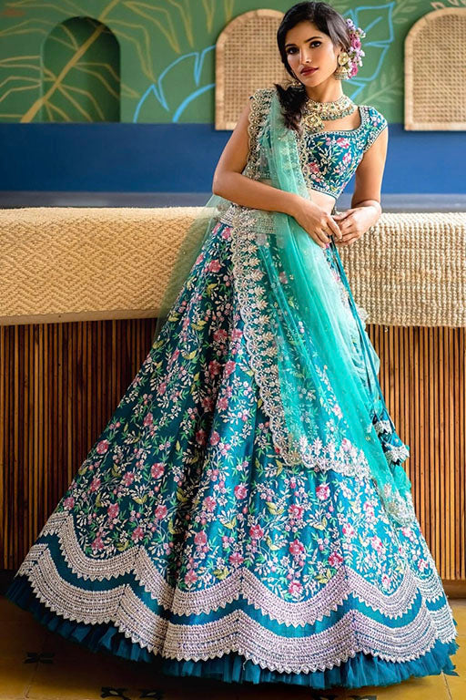 Aqua Blue Colour Malai Satin Silk Designer Lehenga Choli