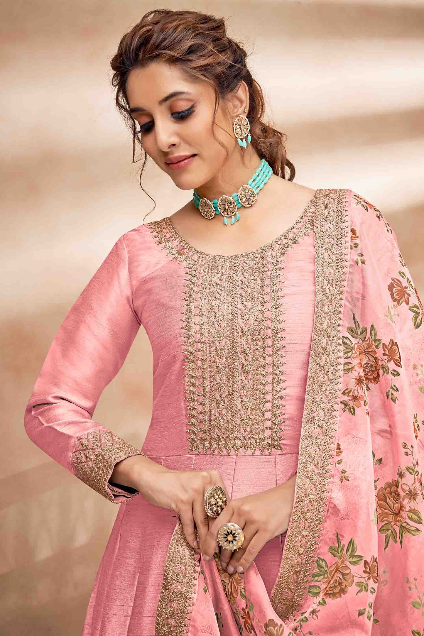 Baby Pink Colour Art Silk Semi Stitched Anarkali Suit