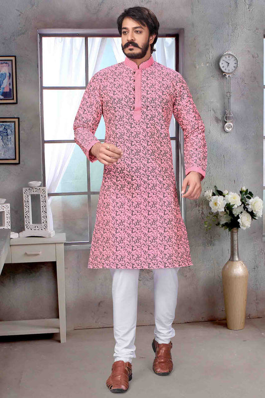 Baby Pink Colour Kurta Pajama In Jacquard Silk