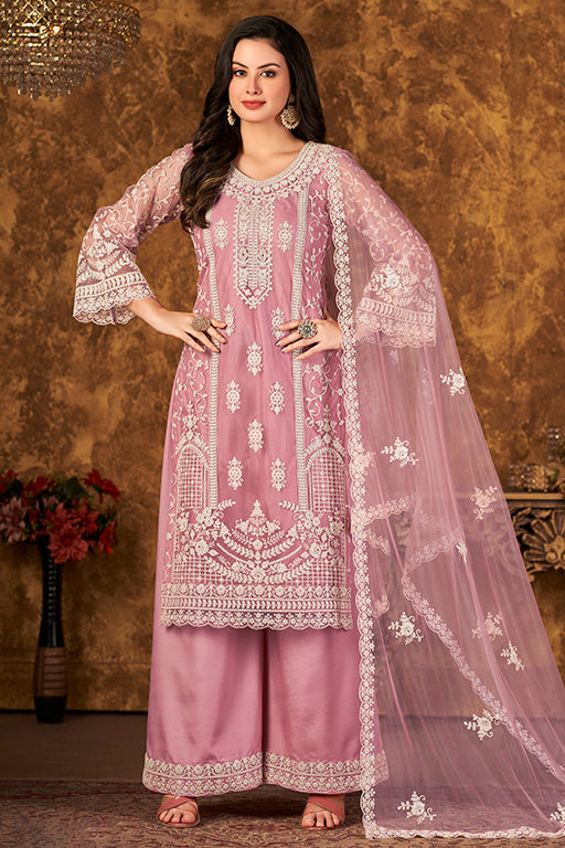 Baby Pink Colour Net Semi Stitched Palazzo Pant Suit