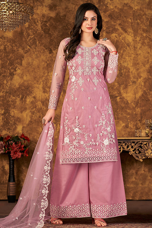 Baby Pink Colour Net Semi Stitched Palazzo Pant Suit