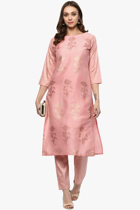 Baby Pink Colour Plus Size Poly Silk Straight Kurta With Pant