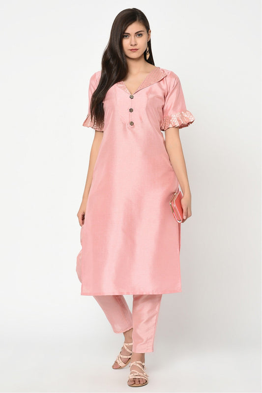 Baby Pink Colour Plus Size Poly Silk Straight Kurta With Pant