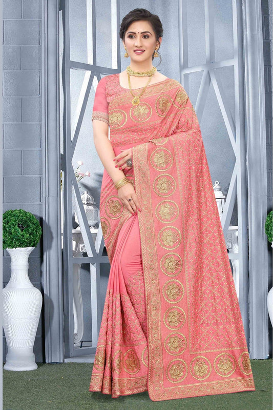 Baby Pink Colour Vichitra Silk Designer Saree