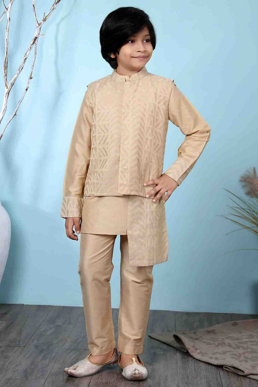 Beige Colour Handloom Silk Kurta Pajama With Jacket