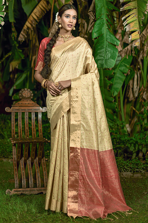 Beige Colour Raw Silk Traditional Saree