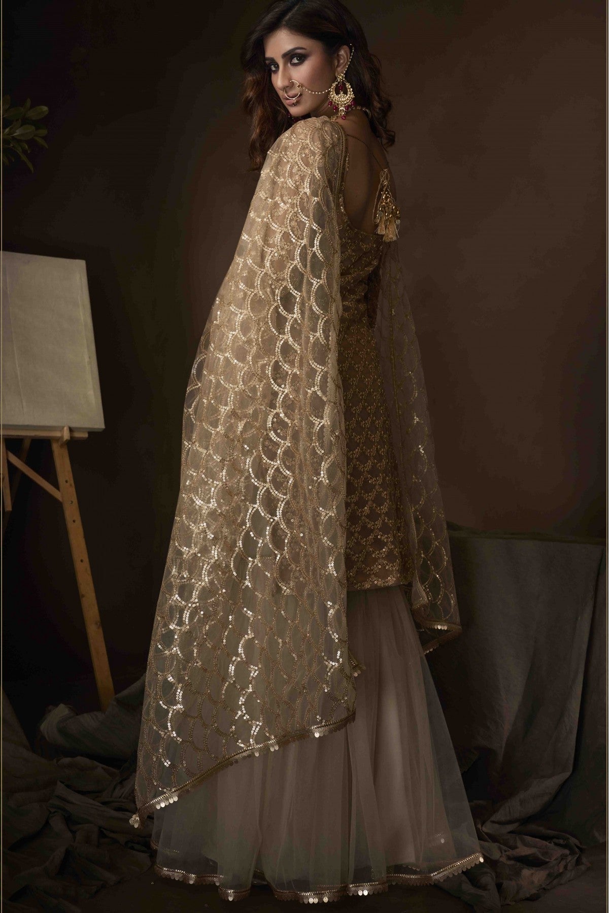 Beige Colour Soft Net Sequins Work Sharara Suit