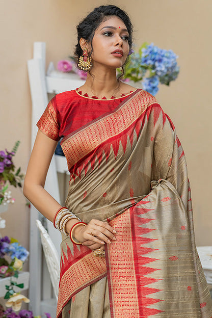 Beige Colour Tussar Silk Traditional Saree