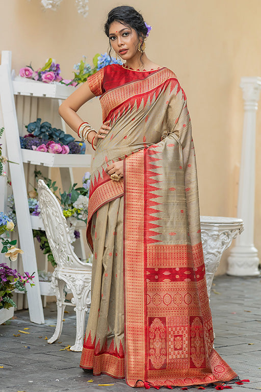 Beige Colour Tussar Silk Traditional Saree