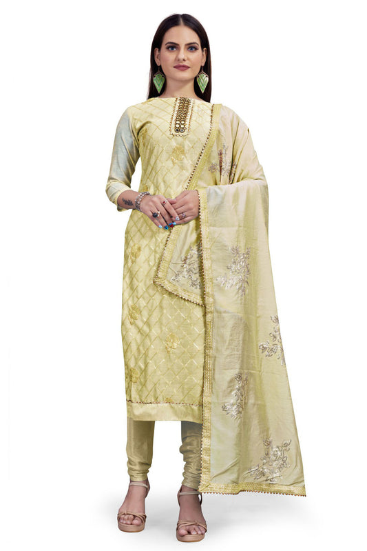 Beige Colour Unstitched Chanderi Sequins Work Churidar Suit