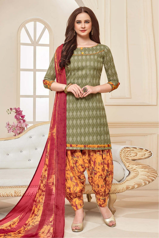 Beige Colour Unstitched Cotton Printed Patiala Suit