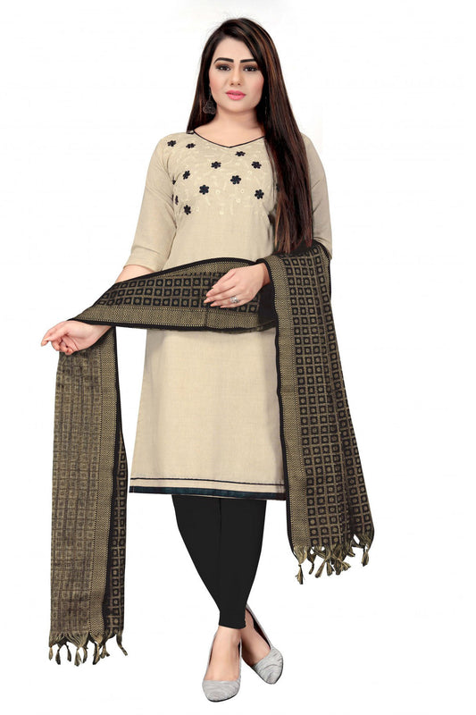Beige Colour Unstitched Khadi Cotton Thread Work Churidar Suit