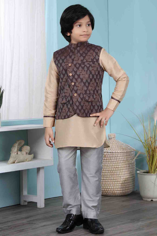 Beige and Brown Colour Cotton Silk Kurta Pajama With Jacket