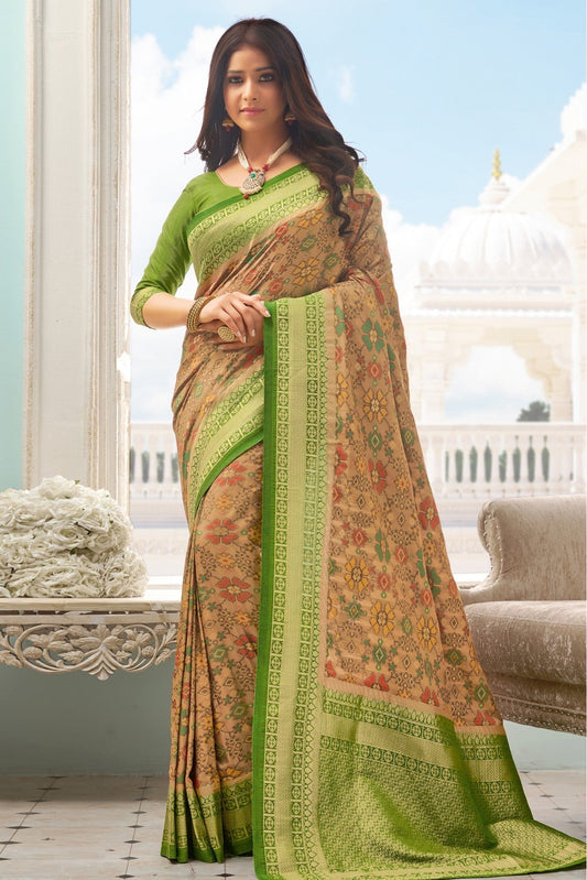 Beige and Green Colour Pure Handloom Silk Traditional Saree