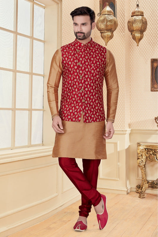 Beige and Maroon Colour Kurta Pajama With Jacket In Silk Dupion Fabric
