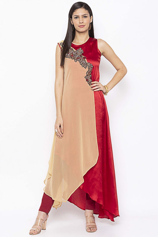 Beige and Maroon Colour Plus Size Georgette Embroidery Kurta Set