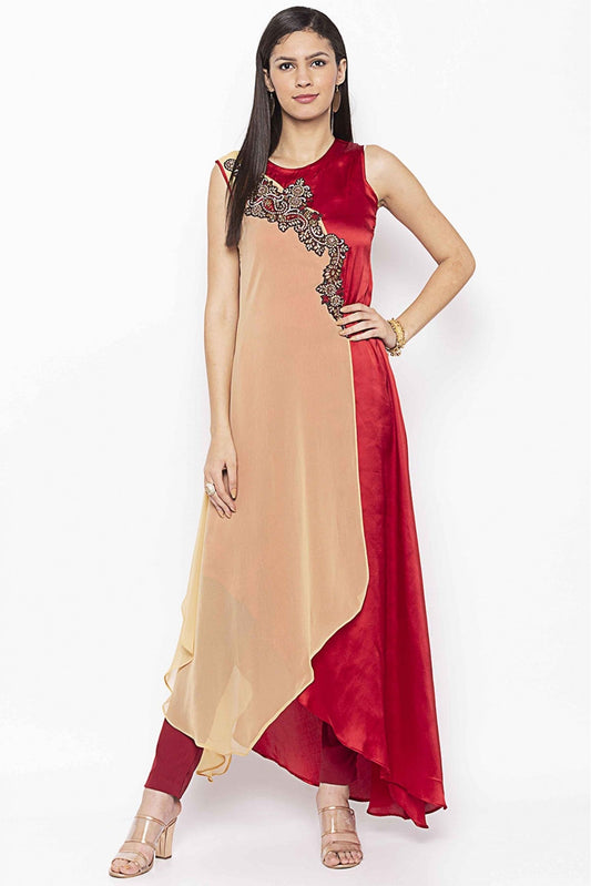Beige and Maroon Colour Plus Size Georgette Embroidery Kurti