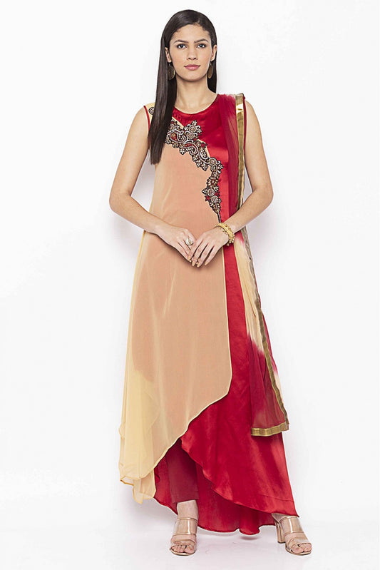 Beige and Maroon Colour Plus Size Georgette Embroidery Pant Style Suit