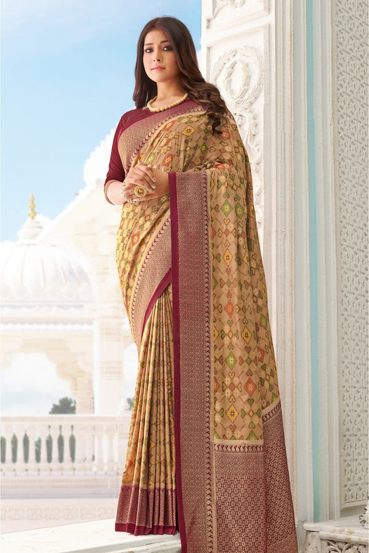Beige and Maroon Colour Pure Handloom Silk Traditional Saree