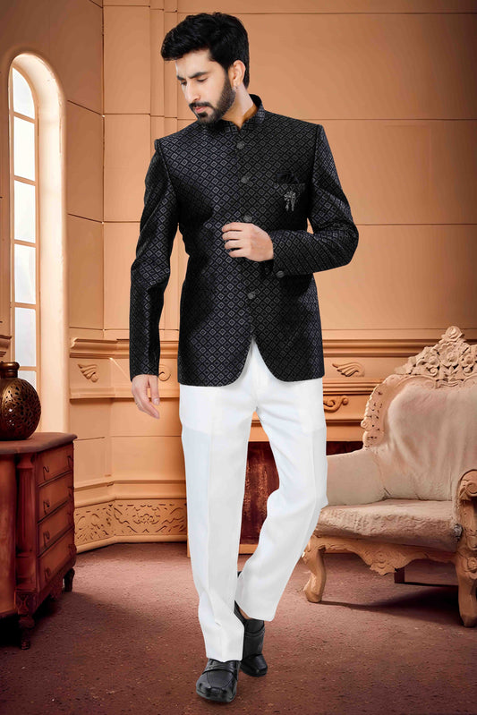 Black And Grey Colour Jodhpuri In Jacquard Fabric