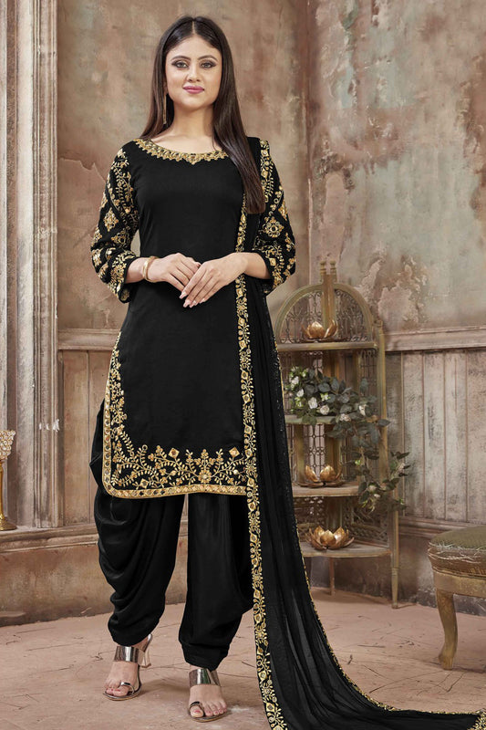 Black Colour Art Silk Embroidery Patiala Suit
