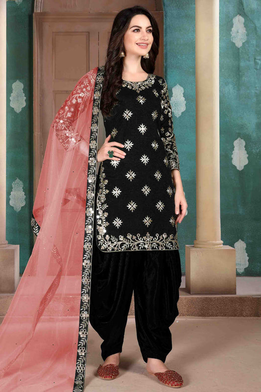 Black Colour Art Silk Semi Stitched Patiala Suit