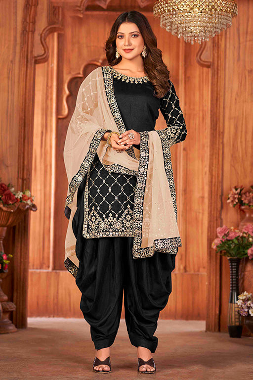 Black Colour Art Silk Semi Stitched Patiala Suit