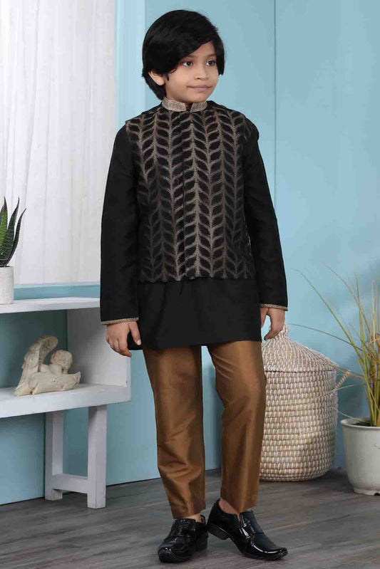 Black Colour Cotton Silk Kurta Pajama With Jacket