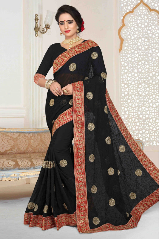 Black Colour Georgette Embroidered Saree