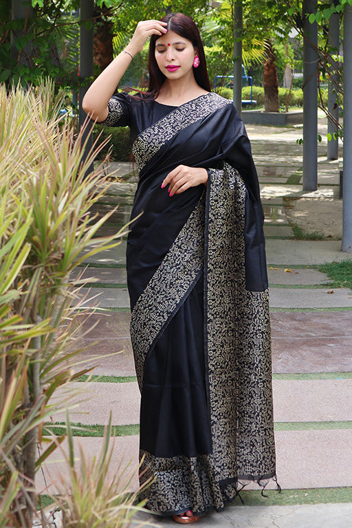 Black Colour Handloom Raw Silk Traditional Saree