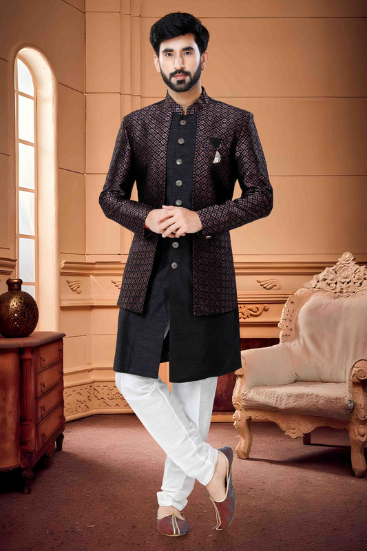 Black Colour Indo Western In Silk Fabric