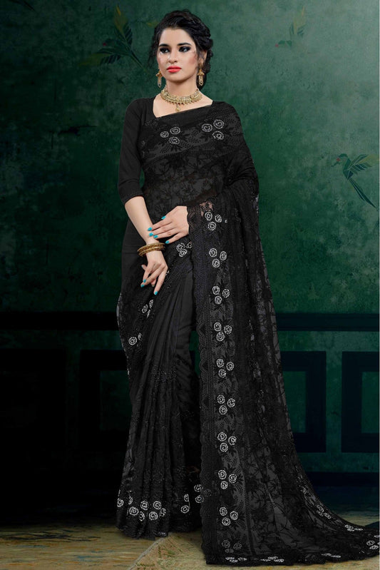 Black Colour Net Embroidery Saree