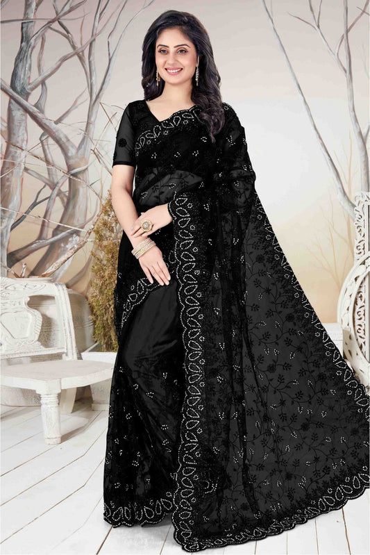 Black Colour Net Embroidery Saree