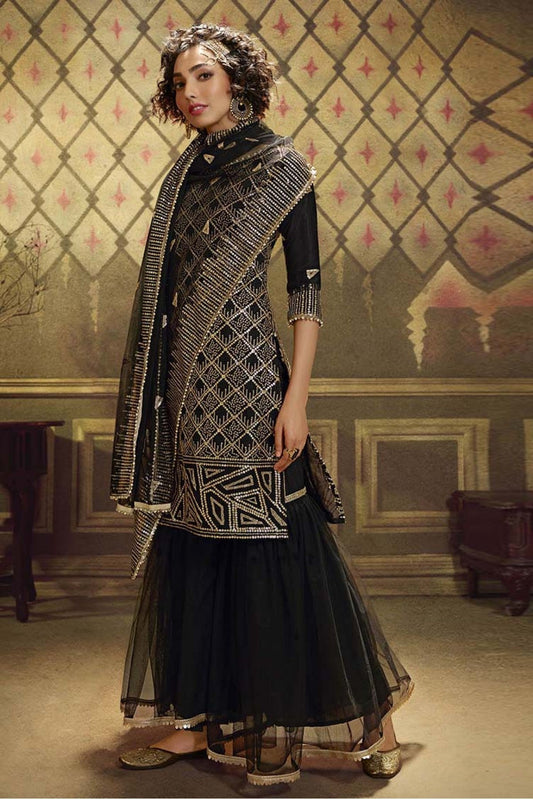 Black Colour Net Sequins Work Sharara Suit