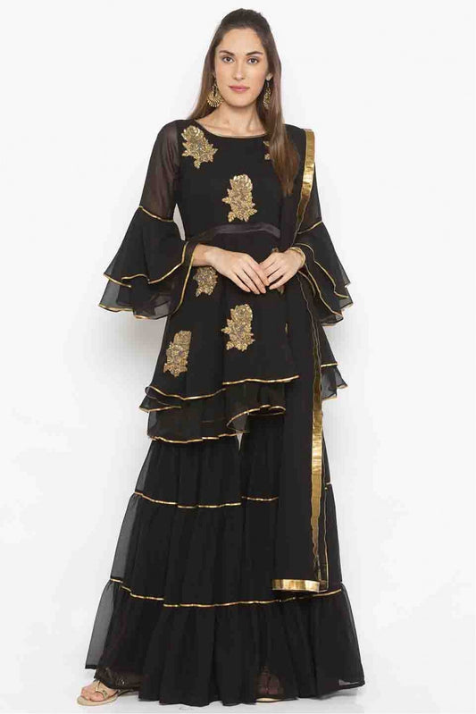 Black Colour Plus Size Stitched Georgette Embroidery Sharara Suit