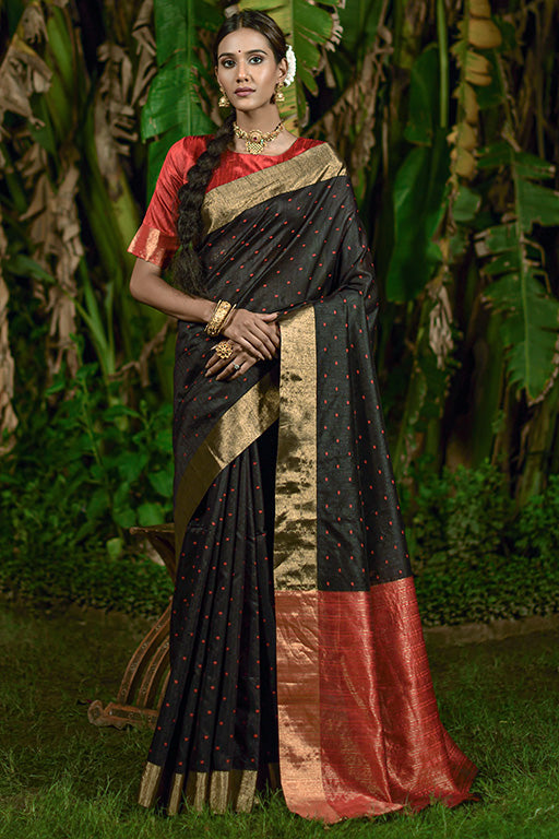Black Colour Raw Silk Traditional Saree