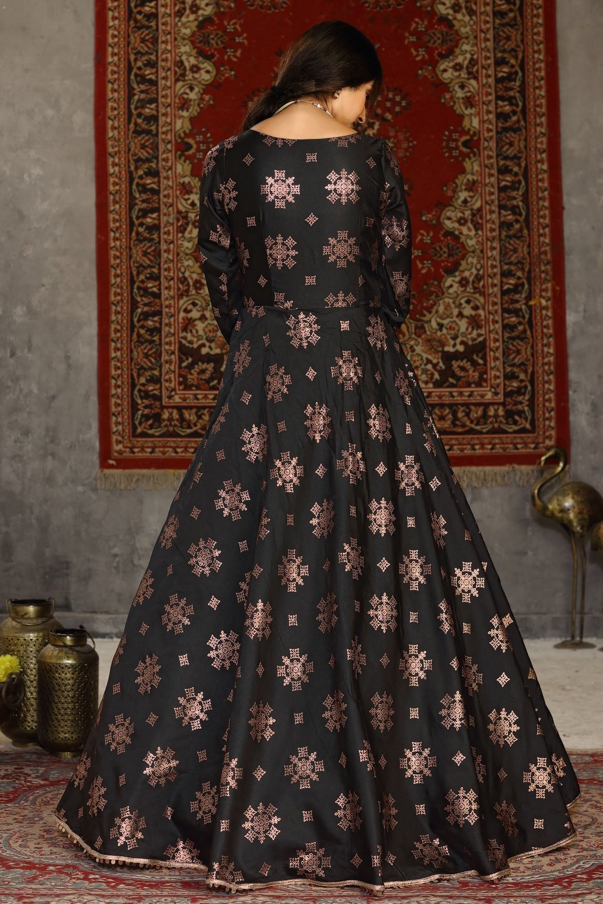 Black Colour Taffeta Foil Print Gown