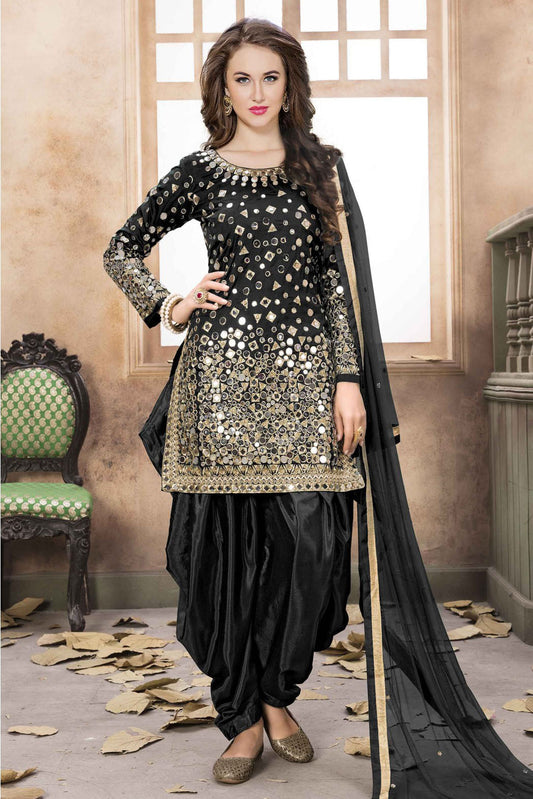 Black Colour Taffeta Silk Embroidery Patiala Suit