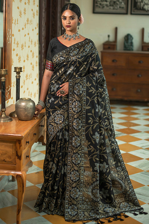 Black Colour Tussar Silk Traditional Saree