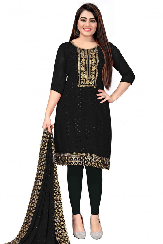 Black Colour Unstitched Georgette Zari Work Churidar Suit