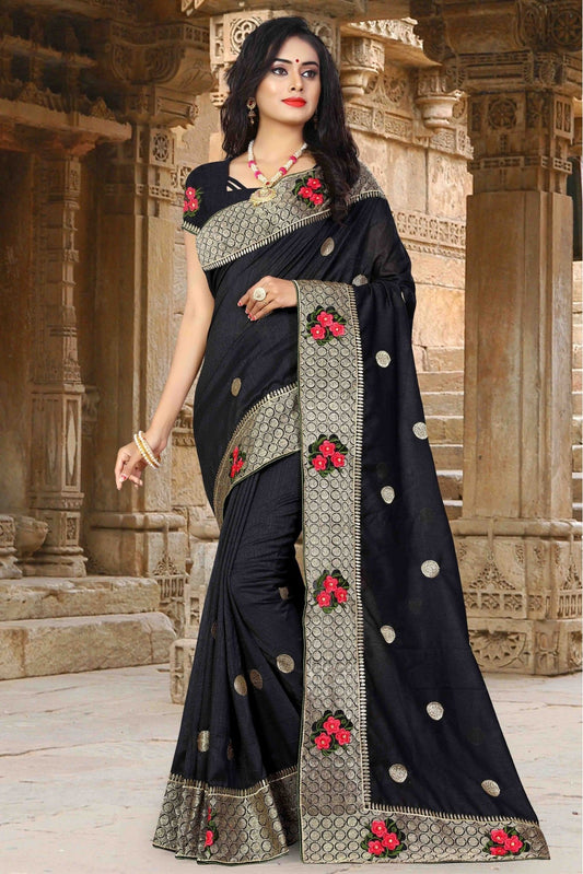 Black Colour Vichitra Silk Woven Saree