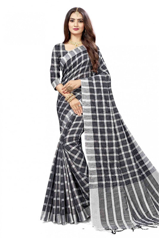 Black and Grey Colour Cotton Silk Printed Saree