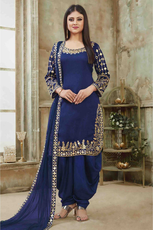 Blue Colour Art Silk Embroidery Patiala Suit Blue Colour