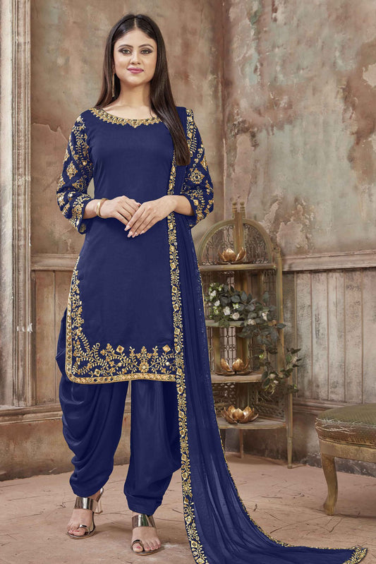 Blue Colour Art Silk Embroidery Patiala Suit