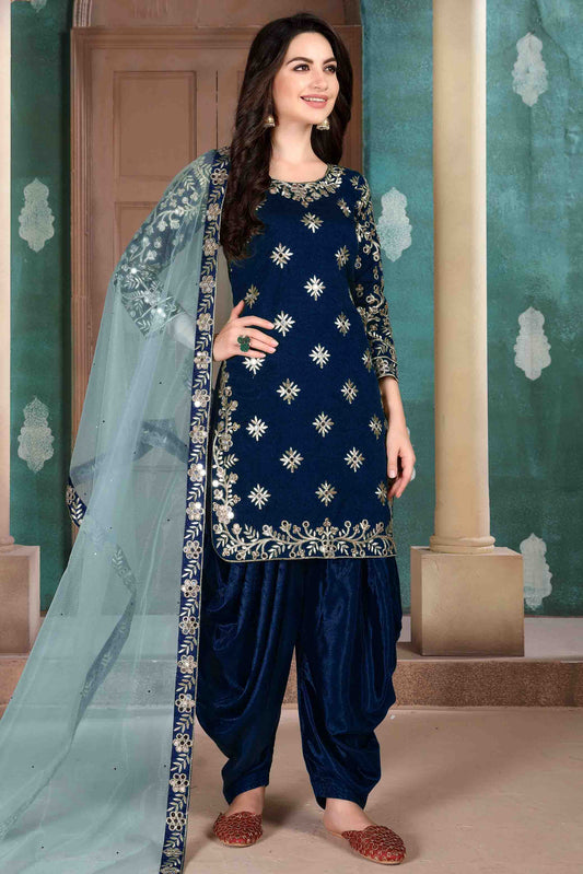 Blue Colour Art Silk Semi Stitched Patiala Suit