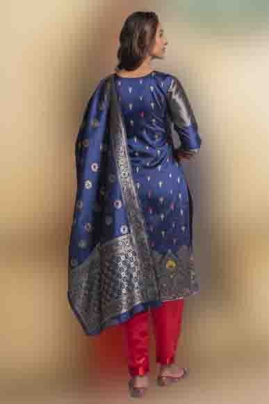 Blue Colour Banarasi Silk Unstitched Pant Style Suit