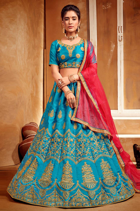 Blue Colour Banglori Silk Embroidery Lehenga Choli