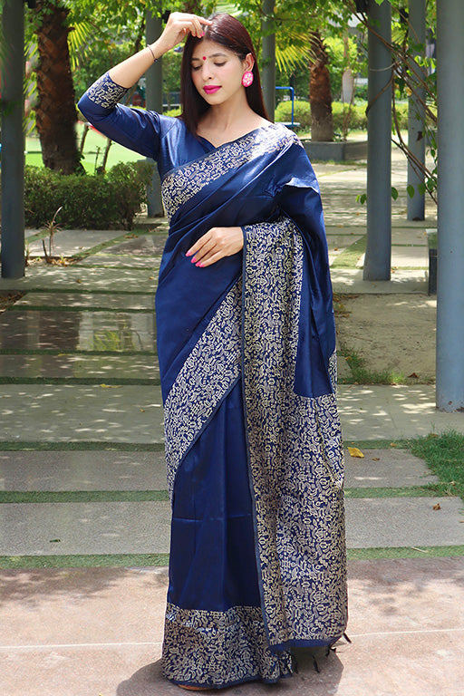 Blue Colour Handloom Raw Silk Traditional Saree