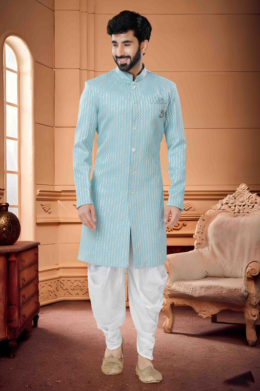 Blue Colour Indo Western In Silk Jacquard  Fabric